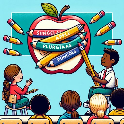 A colorful educational illustration depicting singular and plural nouns, featuring objects like an apple and multiple pencils, with a friendly classroom setting and engaged students.