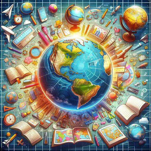 Create an educational illustration featuring a globe, maps, and geographical symbols in a vibrant, colorful style.