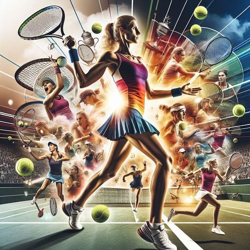 A vibrant and dynamic collage featuring Maria Sharapova in action on the tennis court, surrounded by tennis-related paraphernalia and imagery that reflects her career highlights.