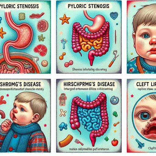 An educational illustration depicting various pediatric gastrointestinal disorders such as pyloric stenosis, Hirschsprung’s disease, and cleft lip/palate, featuring colorful graphics and easy-to-understand labels.