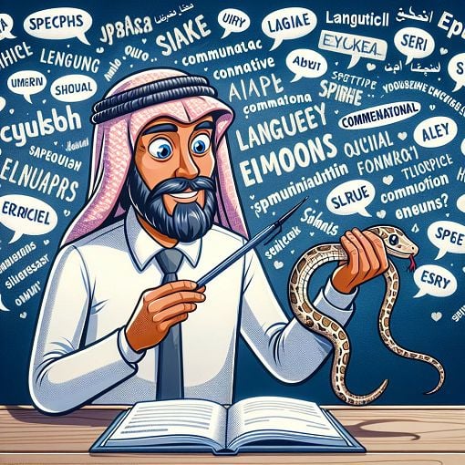 A whimsical illustration of a person in a classroom setting looking at a snake, with various words and phrases floating around them related to language and emotions.