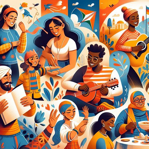 A colorful and vibrant illustration of diverse characters showcasing different personalities and activities, with elements symbolizing friendship and fun.