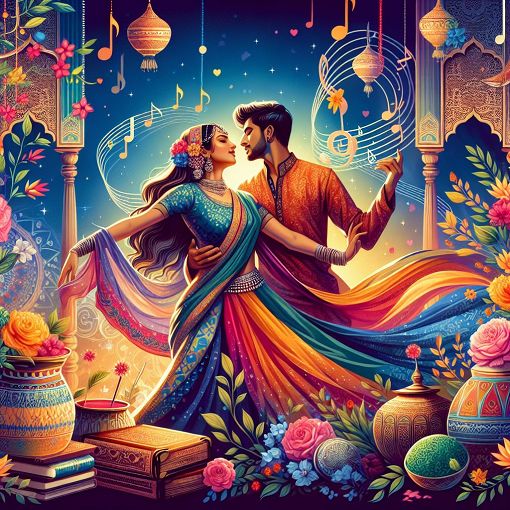 A vibrant and colorful illustration of a couple in a romantic setting, inspired by Bollywood movies, featuring iconic scenes such as dance, love, and friendship.