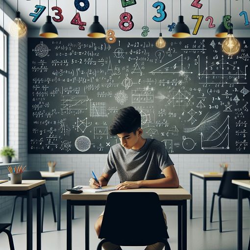 Create an image of a bright classroom filled with math equations on a chalkboard, a student writing answers on a desk, and colorful math-related decorations, evoking a fun and educational atmosphere.