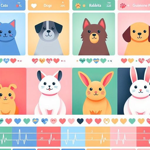 A colorful illustration featuring various pets such as cats, dogs, rabbits, and guinea pigs, displaying their vital signs like heart rate and temperature in an educational and friendly style.