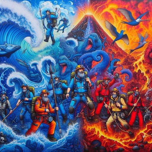 A colorful and whimsical illustration of aquatic and volcanic themes, featuring characters inspired by TEAM AQUA and TEAM MAGMA from Pokémon, with a vibrant background combining ocean waves and volcanic eruptions.