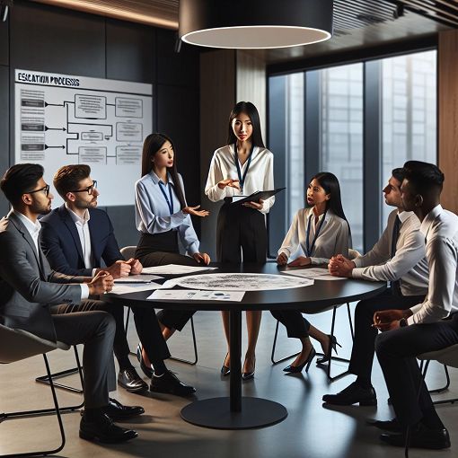 Generate an image depicting a business meeting with employees discussing customer service protocols and escalation processes in a modern office setting.