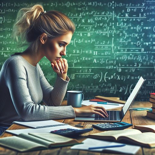 Create a vibrant and engaging image of a student sitting at a desk with a laptop open, focused on solving a math or logic problem. The background should include a chalkboard with equations and a motivating environment, such as books and notes scattered around.