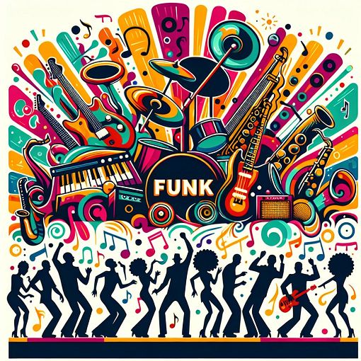 A vibrant and colorful illustration representing funk music, featuring instruments like guitars, saxophones, and images of famous funk artists, with a lively dance atmosphere.