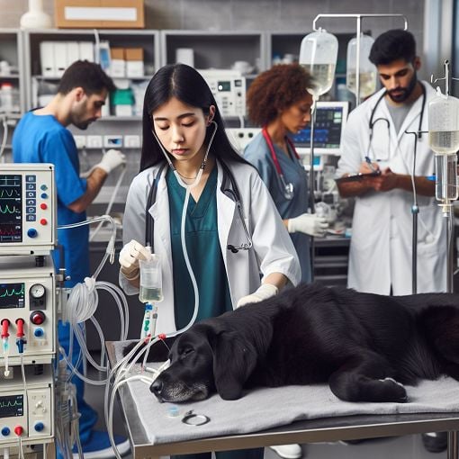 A veterinarian in a busy emergency clinic attending to a critical animal patient, surrounded by emergency equipment and staff, with a focus on collaboration and urgency in veterinary care.