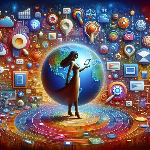 A colorful illustration of a person navigating the internet safely, surrounded by icons representing search engines, websites, and information forms.