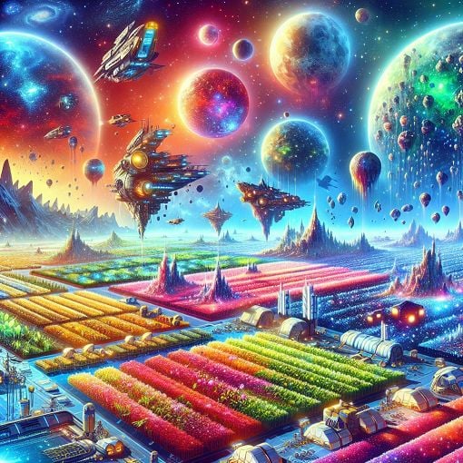 A vibrant digital landscape resembling intergalactic space with different factions depicted as unique colorful ships, floating colonies, and various types of planets displaying mining resources and agricultural farms.