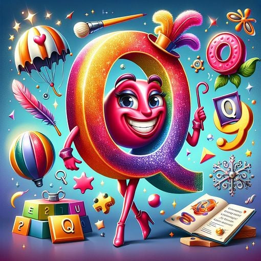 A colorful illustration of a playful character named Q surrounded by quirky objects representing their personality, such as bright colors, humor symbols, and fun facts.