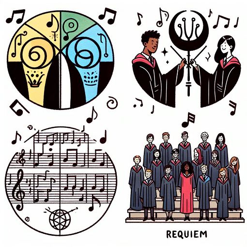 A whimsical illustration of music notes intertwined with symbols of Hogwarts houses and a Requiem, set against a backdrop of a vibrant choir setting.