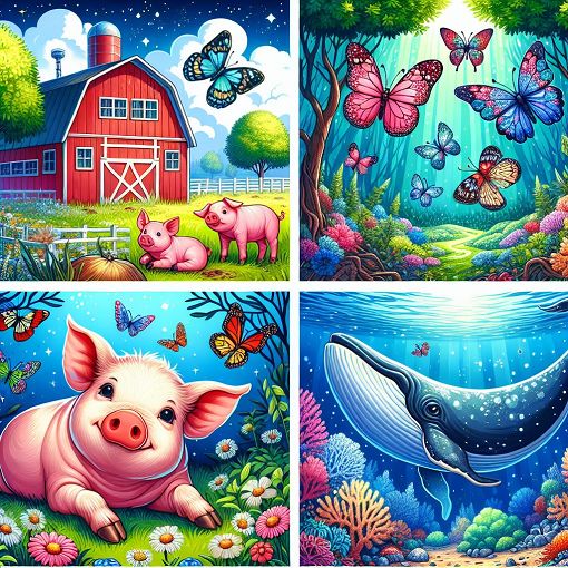 A colorful illustration depicting various animal habitats, including farms, forests, and oceans, with animals like pigs, whales, and butterflies depicted in each environment.