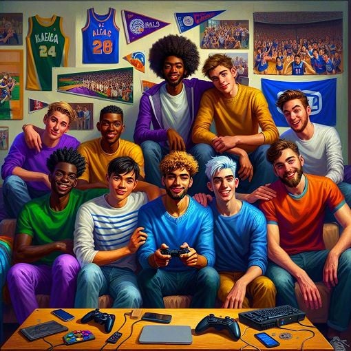 Create an image of a group of diverse young men in a college dorm setting, showcasing different personalities with playful expressions, wearing comfortable clothing and surrounded by video game items and sports paraphernalia.