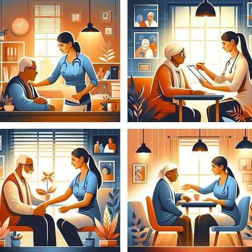 A vibrant illustration depicting caregivers interacting with clients in various work settings, showcasing professionalism and care, with supportive visuals of office settings and communication scenarios.