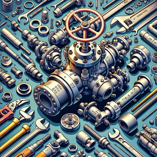 A detailed, technical illustration of various types of industrial valves and flanges used in plumbing, showing features like pressure ratings, assembly methods, and structural details. The setting is a workshop environment with tools and equipment in the background.