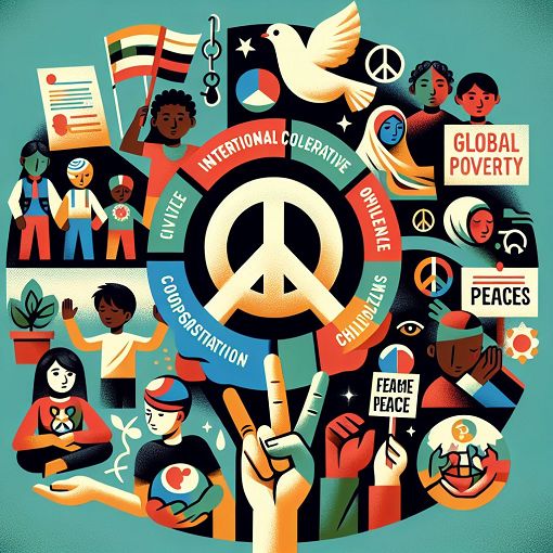 A vibrant and educational illustration depicting global issues, including the United Nations, children in need, and symbols of peace and activism.