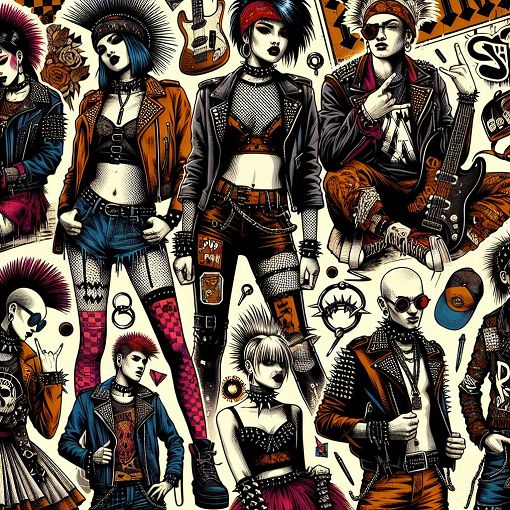 A vibrant and eclectic punk-inspired collage featuring various subcultures like street punk, pop punk, and hardcore, with bright colors, studs, leather, and graffiti elements. Include a diverse group of punk characters in different outfits, embodying their unique styles.