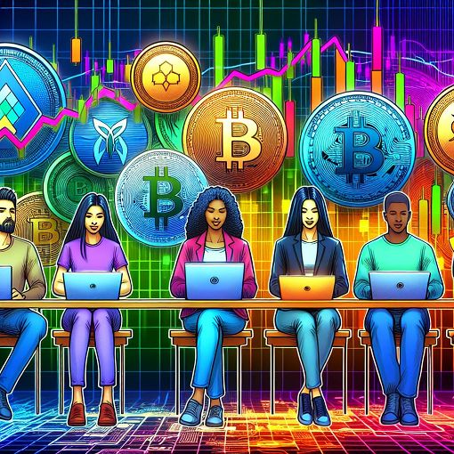 A vibrant illustration of a cryptocurrency trading platform with charts, a diverse group of traders engaging with technology, and the FINXFLO logo prominently displayed.