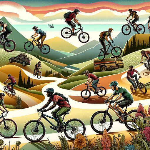 A vibrant illustration of diverse bikers riding through a scenic landscape, showcasing different biking styles and personalities.