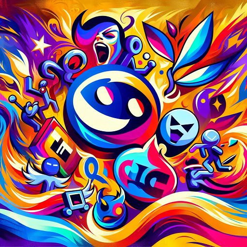 A vibrant and colorful abstract representation of internet meme culture, featuring playful cartoon characters and symbols associated with 'pog' and gaming, in a digital art style.