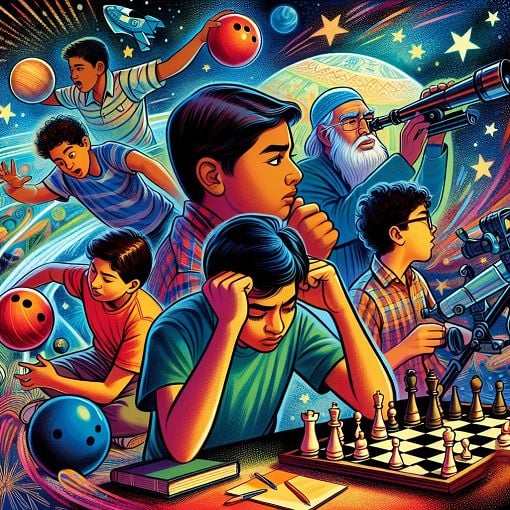 A colorful, whimsical illustration of a group of boys representing different personalities, each engaged in various activities like bowling, watching stars, and playing chess, set against a vibrant background.