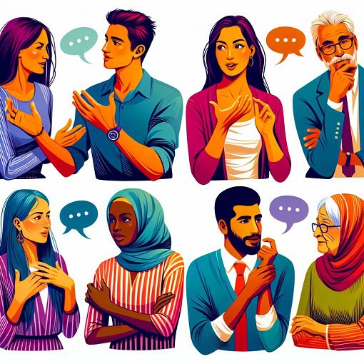 A colorful illustration of diverse individuals engaging in conversation, emphasizing different communication styles and nonverbal cues