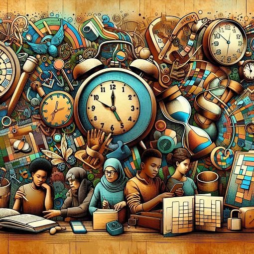 A vibrant and colorful illustration depicting various time-related elements like clocks, calendars, and timers, with people engaging in activities related to time management.