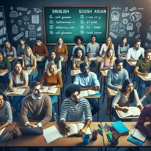 A classroom setting with a chalkboard displaying English grammar rules, students engaged in learning, and colorful educational materials.