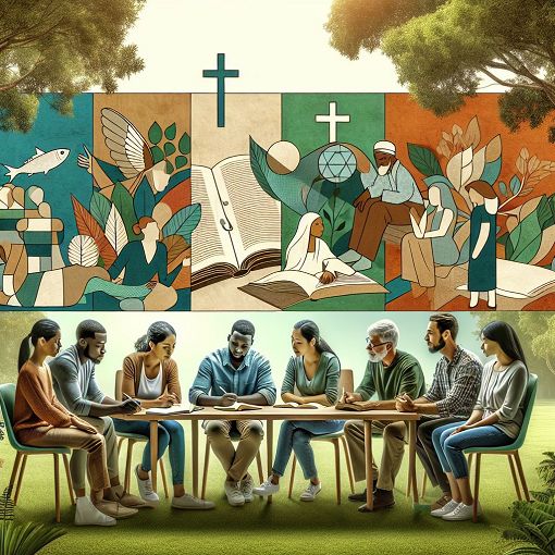 Create an illustration depicting a diverse group of people participating in a quiz about biblical teachings in a serene, nature-filled setting. Include imagery of biblical symbols, such as a cross, fish, and open Bible, in a soft, inviting color palette.