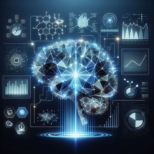 A visually engaging and modern illustration of machine learning concepts, featuring algorithms, data charts, and a digital brain, in a futuristic style.