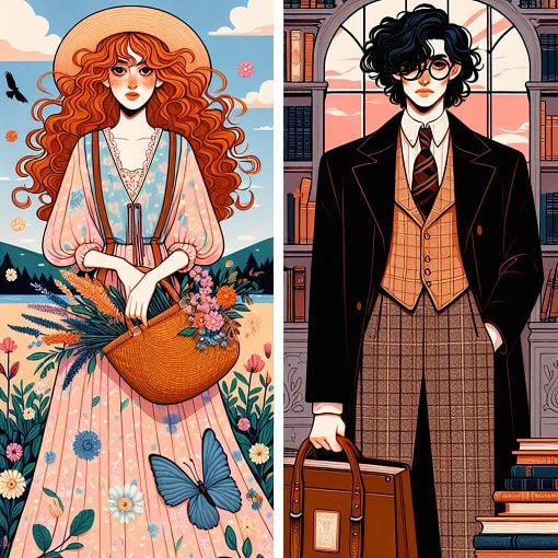 A colorful, whimsical illustration showing two contrasting characters that embody the styles and vibes of Mikayla and Jude, surrounded by aesthetic elements that reflect various themes such as cottagecore and dark academia.