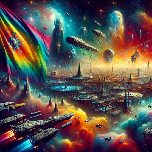 A vibrant and imaginative depiction of a galactic empire, featuring various species, spaceships, and a colorful flag waving in the foreground, set against a backdrop of stars and nebulae.