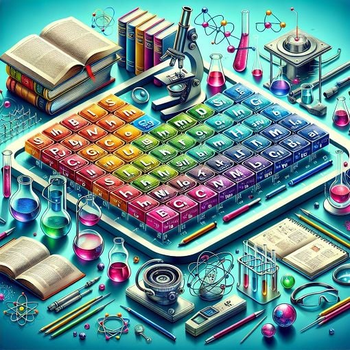 A visually engaging illustration of the periodic table with colorful elements and atomic symbols, surrounded by scientific tools and books, in a bright and educational style.