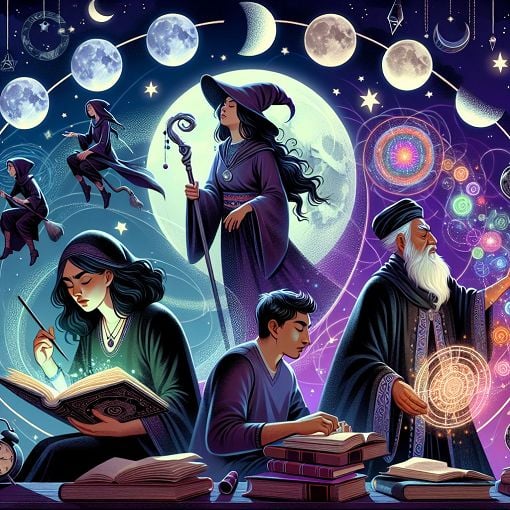 A vibrant, fantastical illustration depicting diverse magical characters from a school setting, each showcasing distinct personality traits; include elements like moon phases, night skies, and mystical powers.