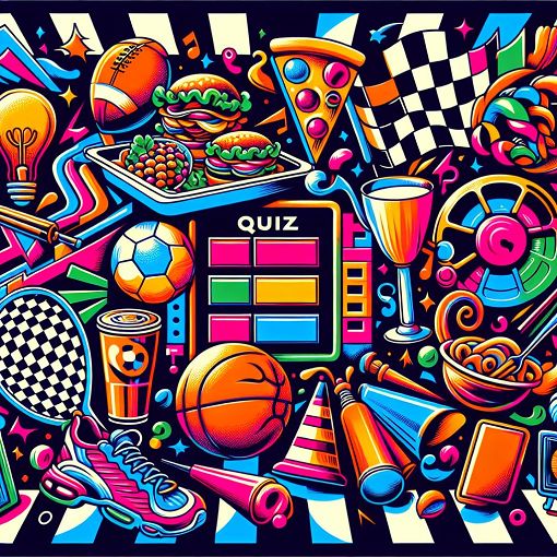 A colorful and playful illustration of a quiz being taken, featuring various icons representing interests like food, sports, and entertainment.