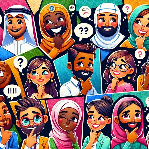 A whimsical and colorful illustration depicting various emotions and personality traits, such as happiness, curiosity, and playfulness, with cartoon characters contemplating fun quiz questions.