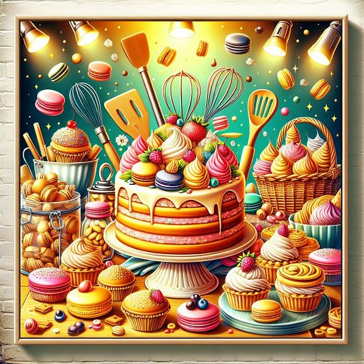 A colorful and artistic depiction of various pastries including macaroons, cakes, and tarts, with decorative elements reflecting baking tools like whisks and spatulas, in a bright kitchen setting.