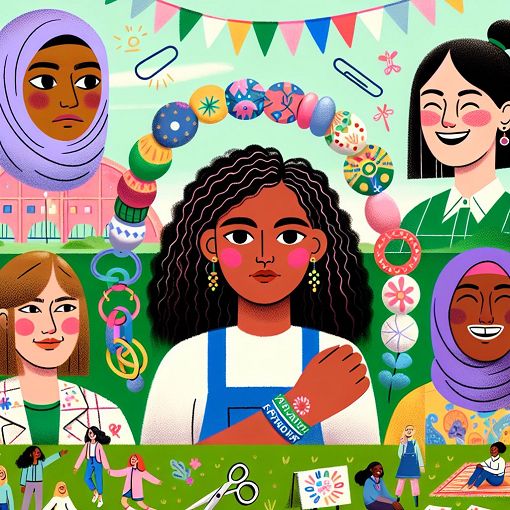 Create a whimsical illustration of six diverse young women representing different personalities, standing together in a colorful park setting, with elements symbolizing friendship, fun, and individuality.