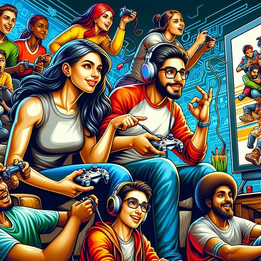 Illustration of a colorful and vibrant online gaming community, featuring diverse characters engaged in various activities like gaming, chatting, and watching movies together.