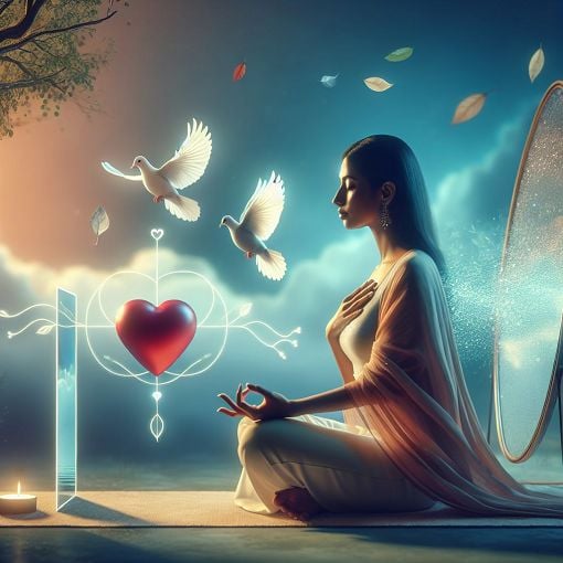 Create an image depicting a person reflecting on love, surrounded by symbols of heart, forgiveness, and introspection. Include soft lighting and a tranquil background to evoke a sense of calm and contemplation.