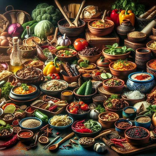 A colorful and vibrant display of a variety of international dishes, emphasizing fresh ingredients and traditional cooking methods, with a backdrop of a rustic kitchen or market setting.