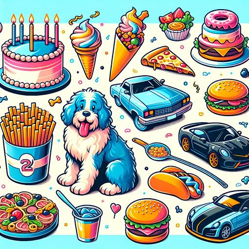 A colorful and playful illustration representing personal trivia, with elements such as a birthday cake, dog, car, and favorite foods. The style should be bright and inviting, appealing to a youthful audience.