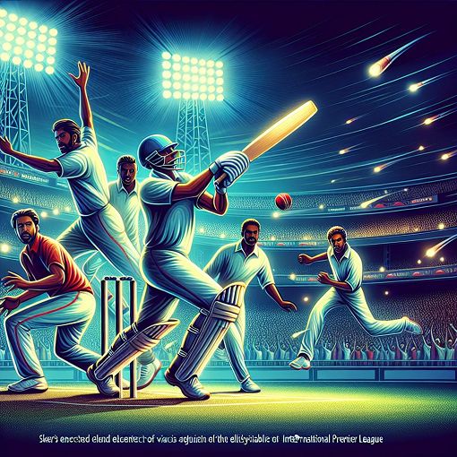 A vibrant and dynamic illustration of a cricket match in action, featuring diverse players showcasing their skills on the field, under bright stadium lights with an audience cheering; elements of the BIMTECH Premier League prominently featured.