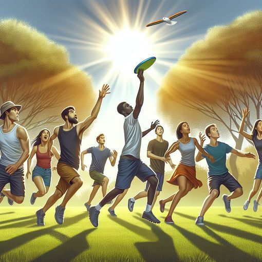 A vibrant image of a group of people playing Ultimate Frisbee in a sunny park, showcasing dynamic throws, jumps, and sportsmanship.