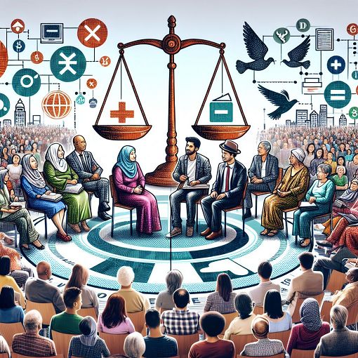 Create an image showing diverse people discussing human rights in a vibrant, engaging community setting, with visual icons representing various rights such as justice, equality, and freedom.