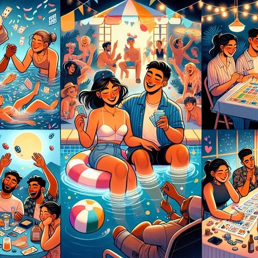 A colorful illustration of two friends enjoying various camp activities like a pool party, casino night, and arts & crafts, set in a vibrant summer camp backdrop.