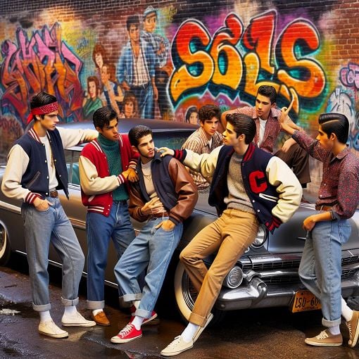 A 1960s street scene with teenagers using iconic slang while leaning against classic cars, with a graffiti background that captures the vibe of youth culture in that era.